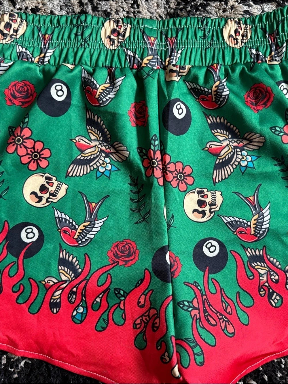 Women’s dopamine shorts size large flames, 8 ball sparrow skulls